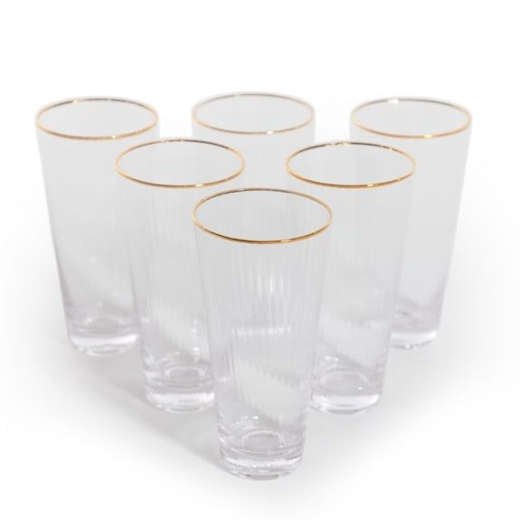 Set of 6 Traditional Highball Glass Tumblers with Gold Rims