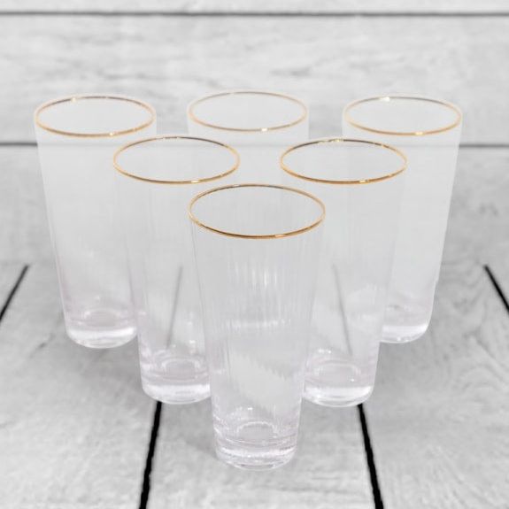 Set of 6 Traditional Highball Glass Tumblers with Gold Rims
