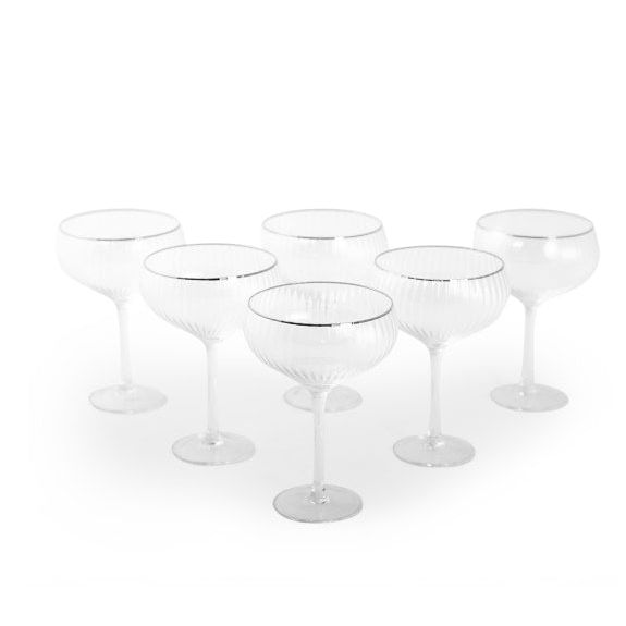 Set of 6 Large Traditional Coupe Champagne Glasses with Silver Rims