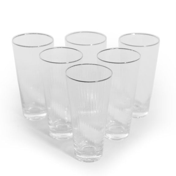 Set of 6 Traditional Highball Glass Tumblers with Silver Rims
