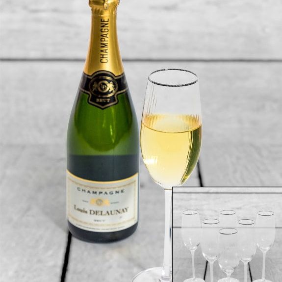 Set of 6 Traditional Champagne Flutes with Silver Rims