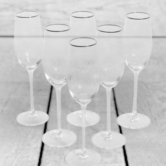 Set of 6 Traditional Champagne Flutes with Silver Rims