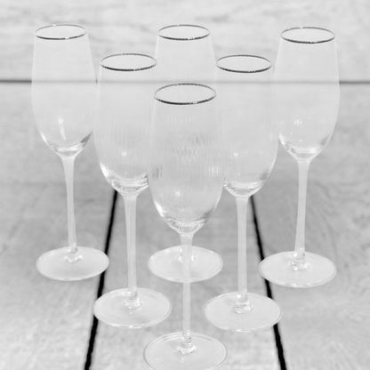 Set of 6 Traditional Champagne Flutes with Silver Rims