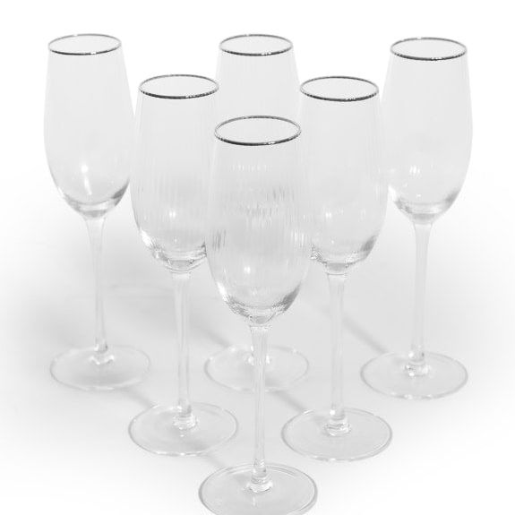 Set of 6 Traditional Champagne Flutes with Silver Rims