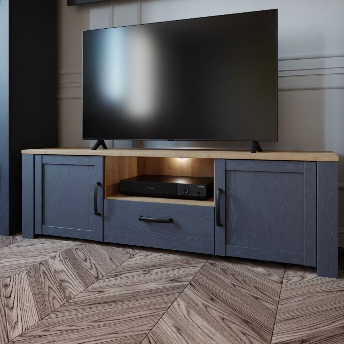 Bohol TV Unit in Riviera Oak/Navy with Optional LED Lighting