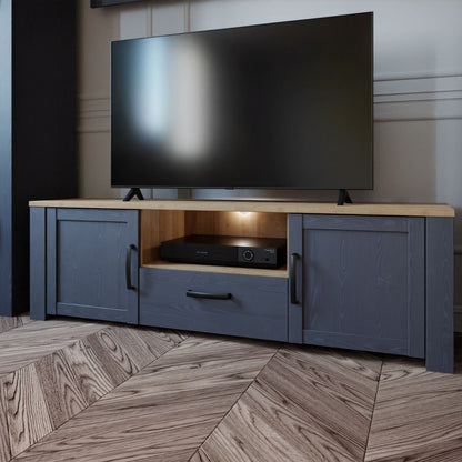 Bohol TV Unit in Riviera Oak/Navy with Optional LED Lighting