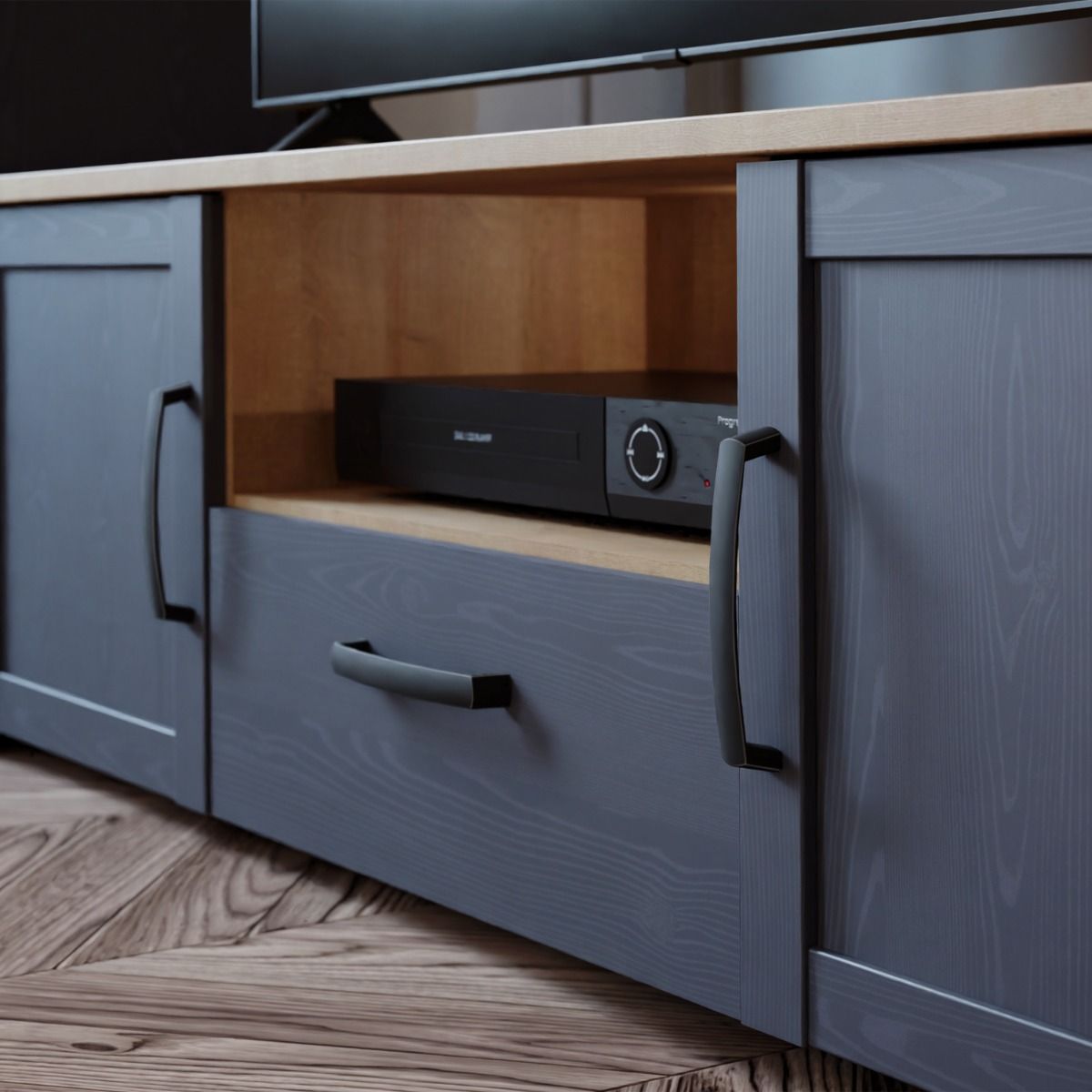 Bohol TV Unit in Riviera Oak/Navy with Optional LED Lighting