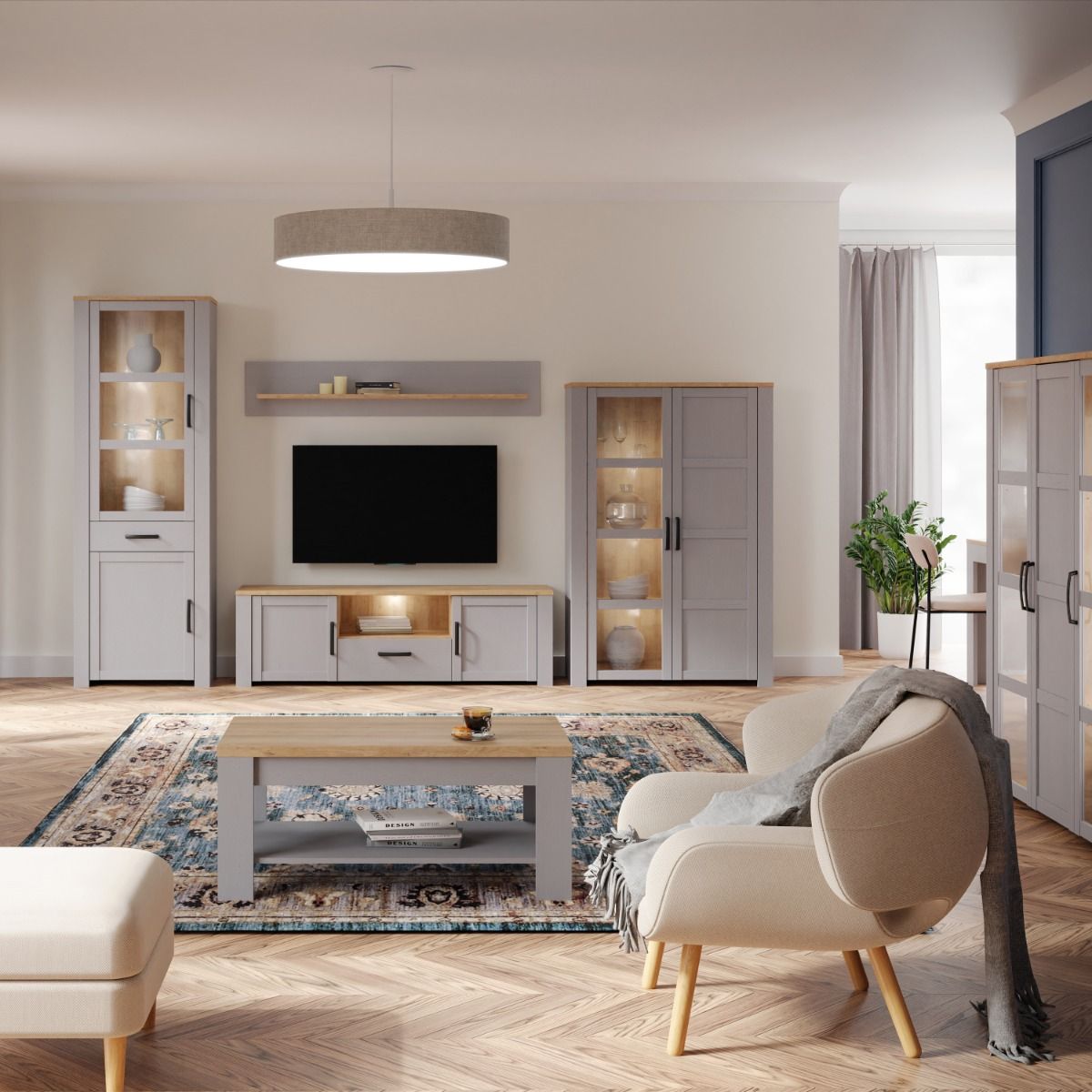 Bohol TV Unit in Riviera Oak/Grey Oak with Optional LED Lighting