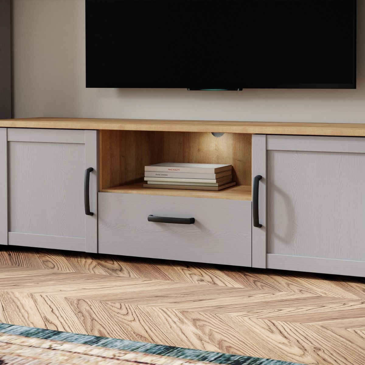 Bohol TV Unit in Riviera Oak/Grey Oak with Optional LED Lighting