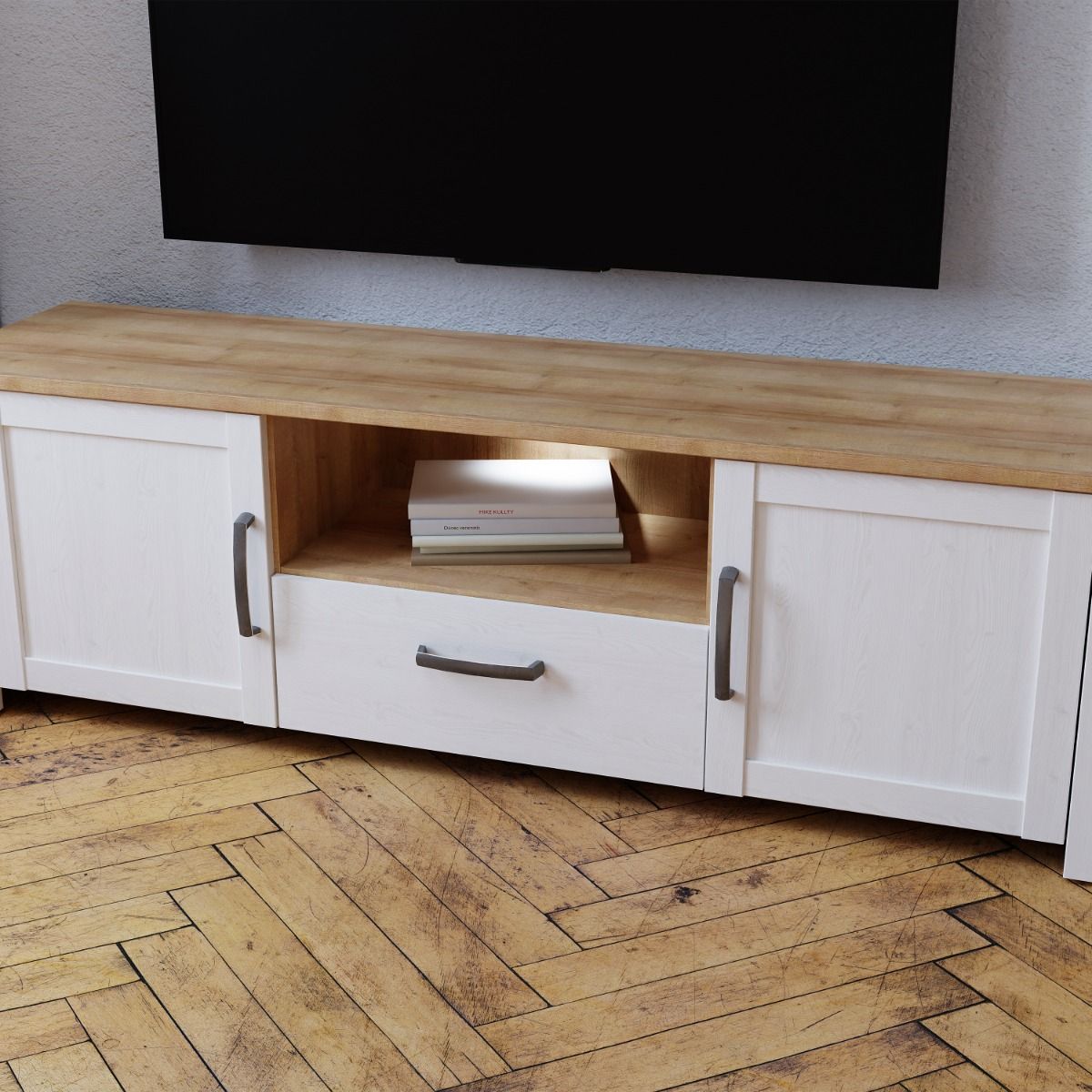 Bohol TV Unit in Riviera Oak/White with Optional LED Lighting