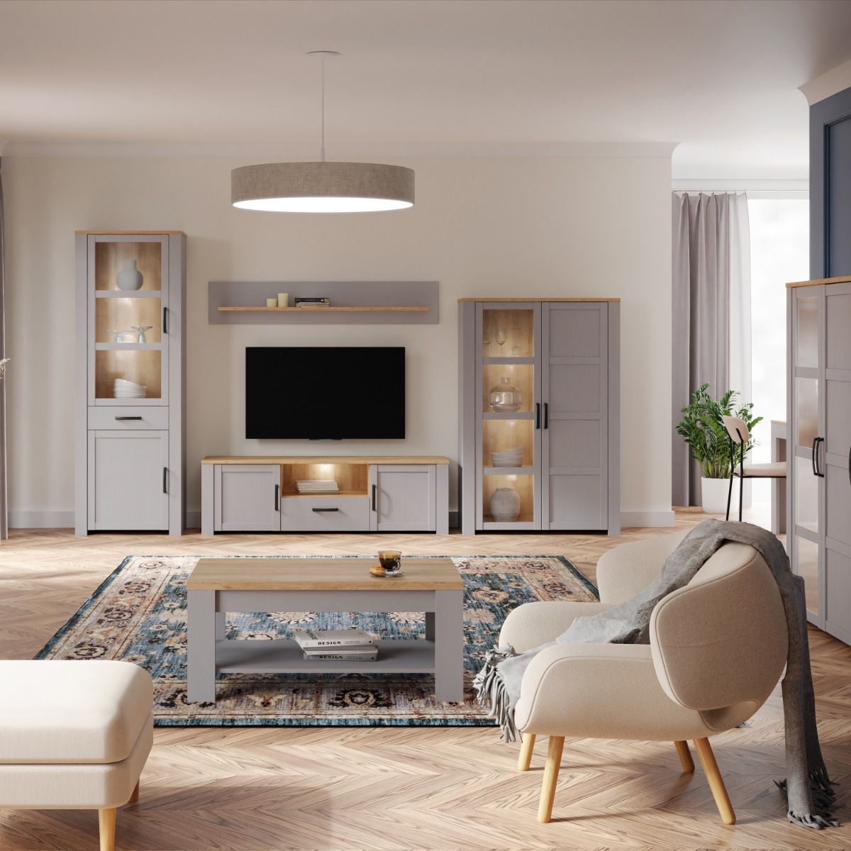 Bohol Display Cabinet in Riviera Oak/Grey Oak with Optional LED Lighting