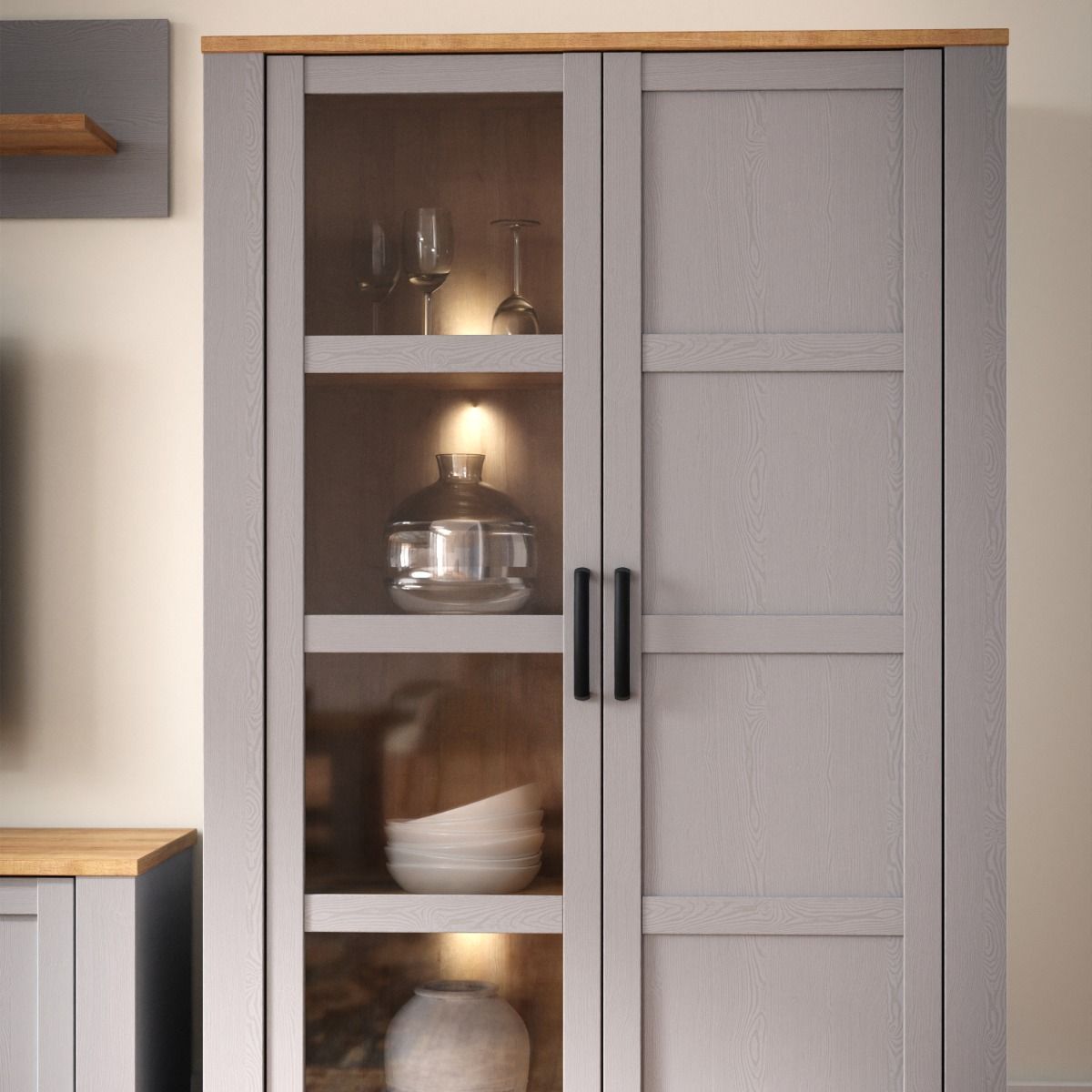 Bohol Display Cabinet in Riviera Oak/Grey Oak with Optional LED Lighting