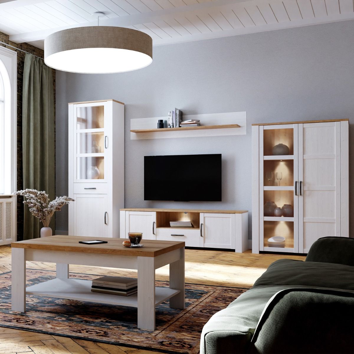 Bohol Display Cabinet in Riviera Oak/White with Optional LED Lighting