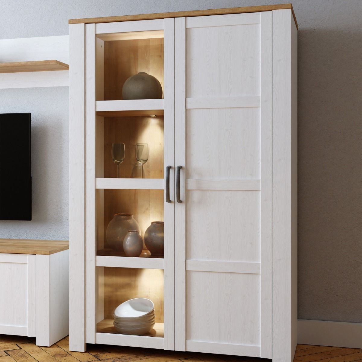 Bohol Display Cabinet in Riviera Oak/White with Optional LED Lighting