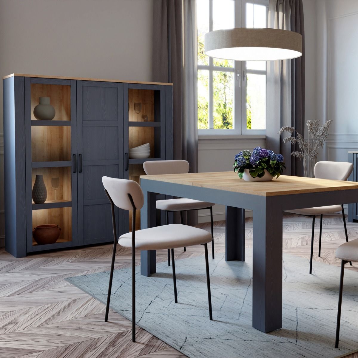 Bohol Large Display Cabinet in Riviera Oak/Navy with Optional LED Lighting