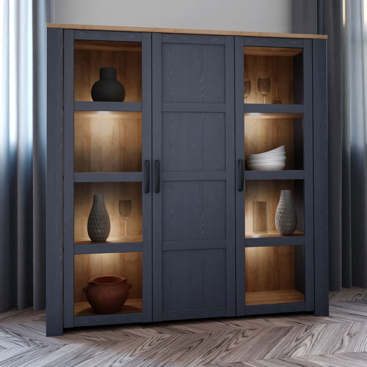 Bohol Large Display Cabinet in Riviera Oak/Navy with Optional LED Lighting