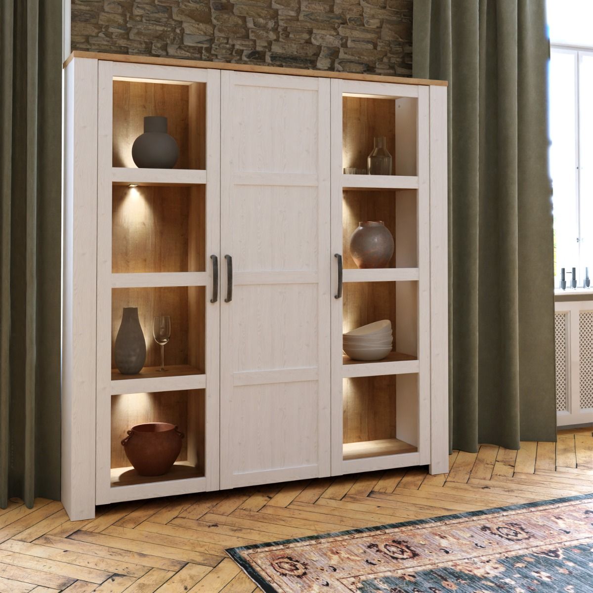 Bohol Large Display Cabinet in Riviera Oak/White with Optional LED Lighting