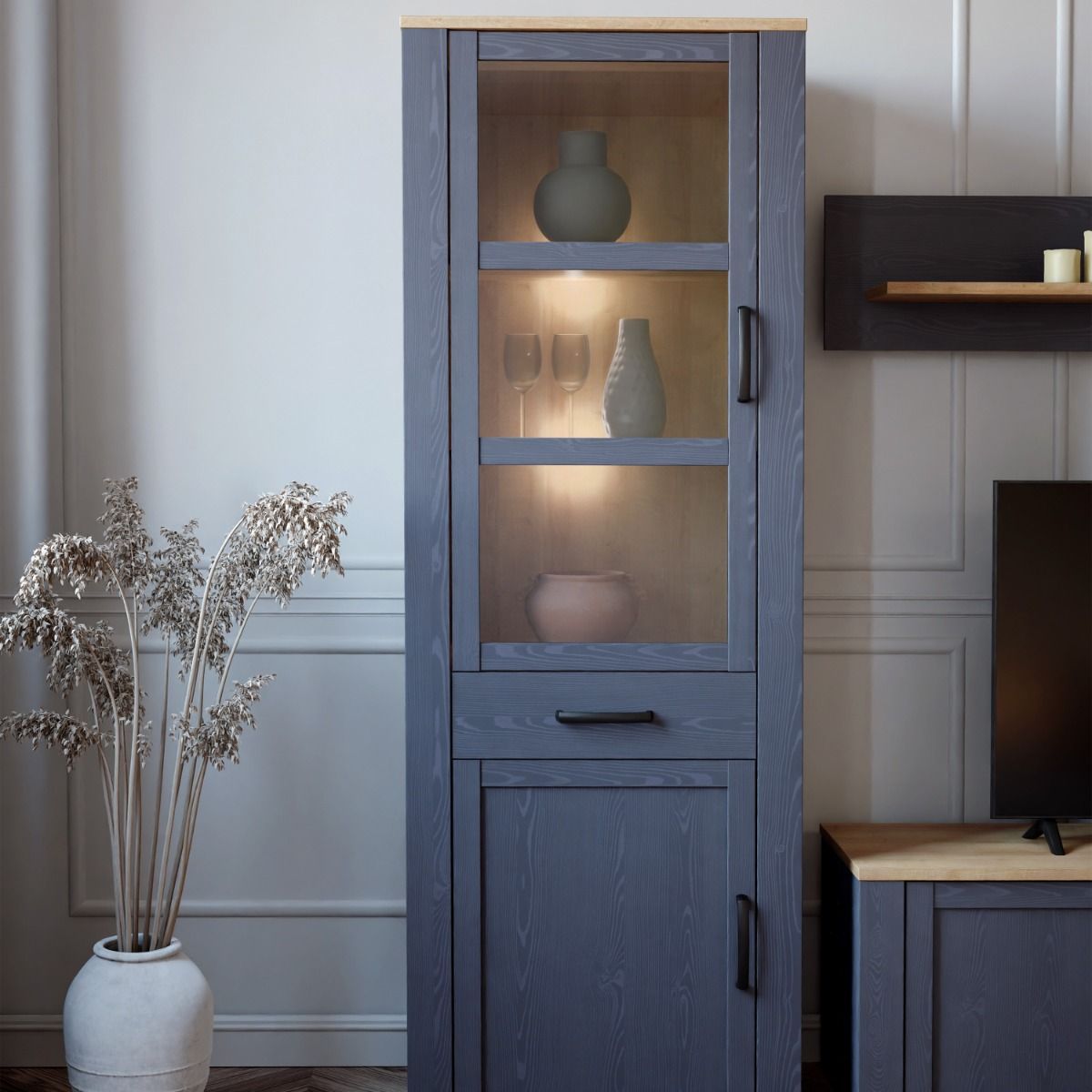 Bohol Narrow Display Cabinet in Riviera Oak/Navy Optional LED Lighting