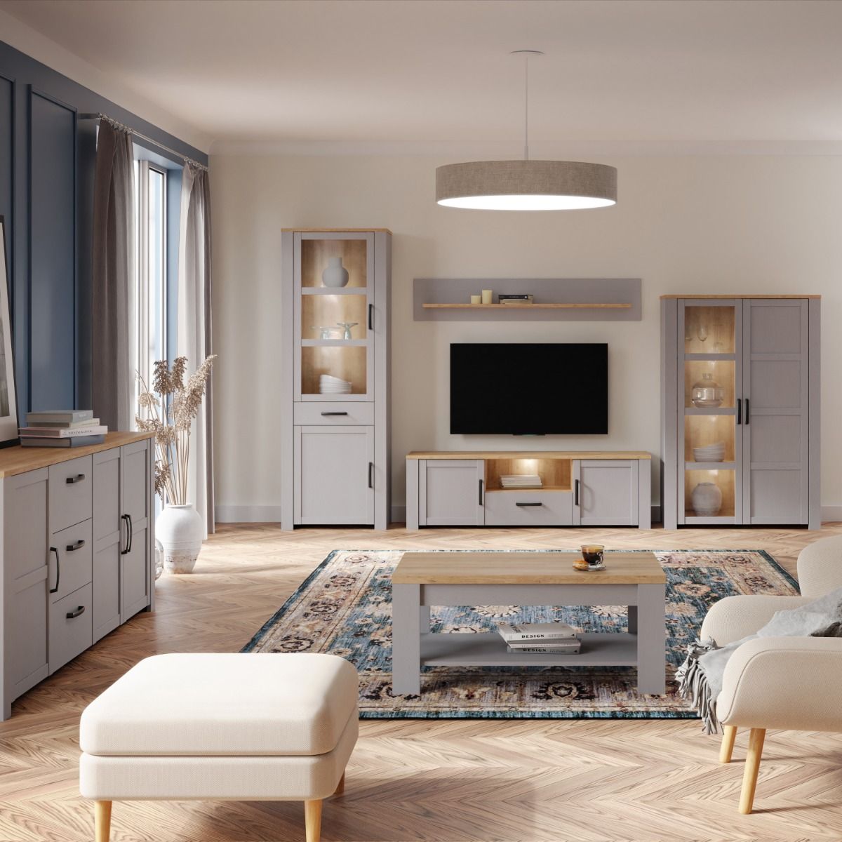 Bohol Narrow Display Cabinet in Riviera Oak/Grey Oak Optional LED Lighting