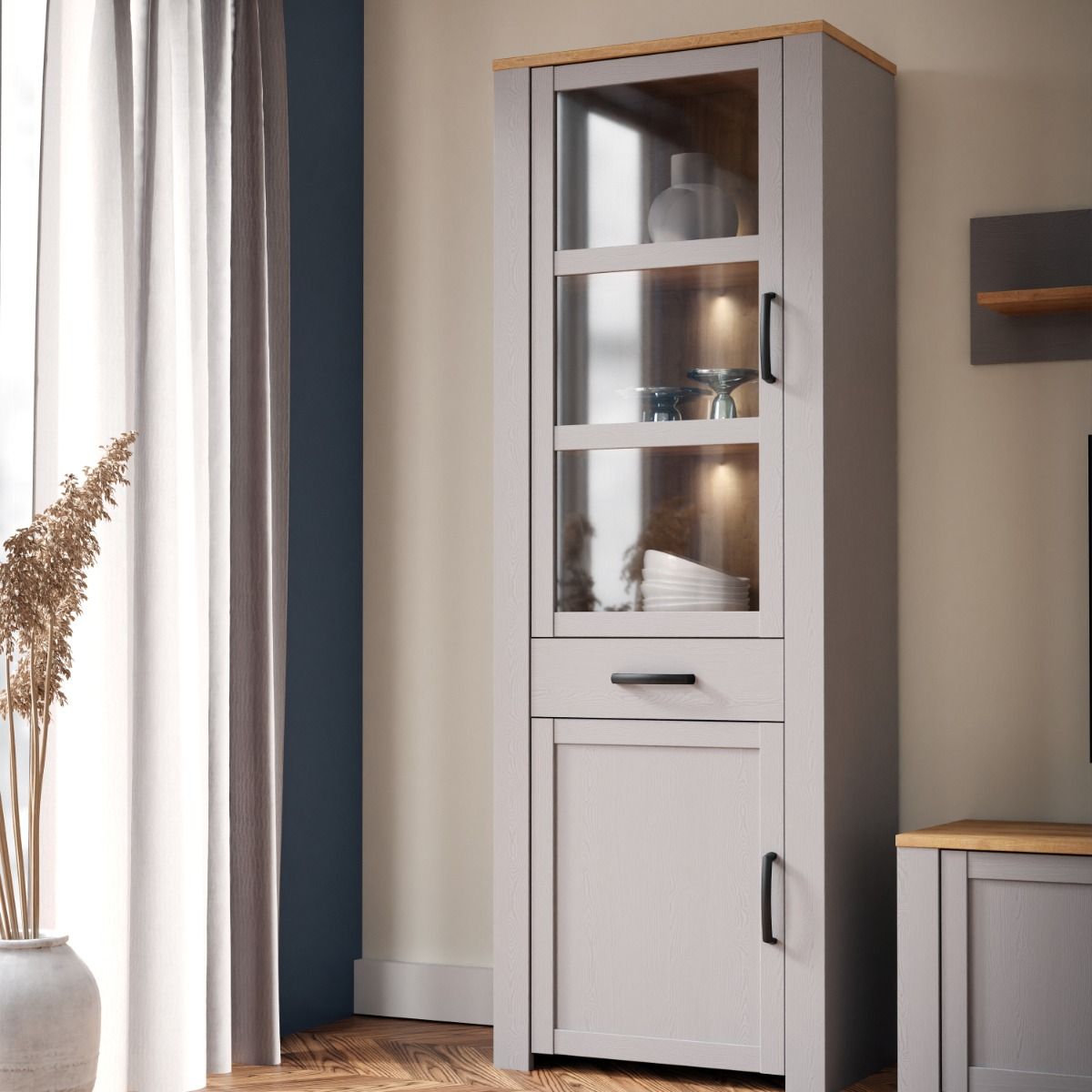 Bohol Narrow Display Cabinet in Riviera Oak/Grey Oak Optional LED Lighting