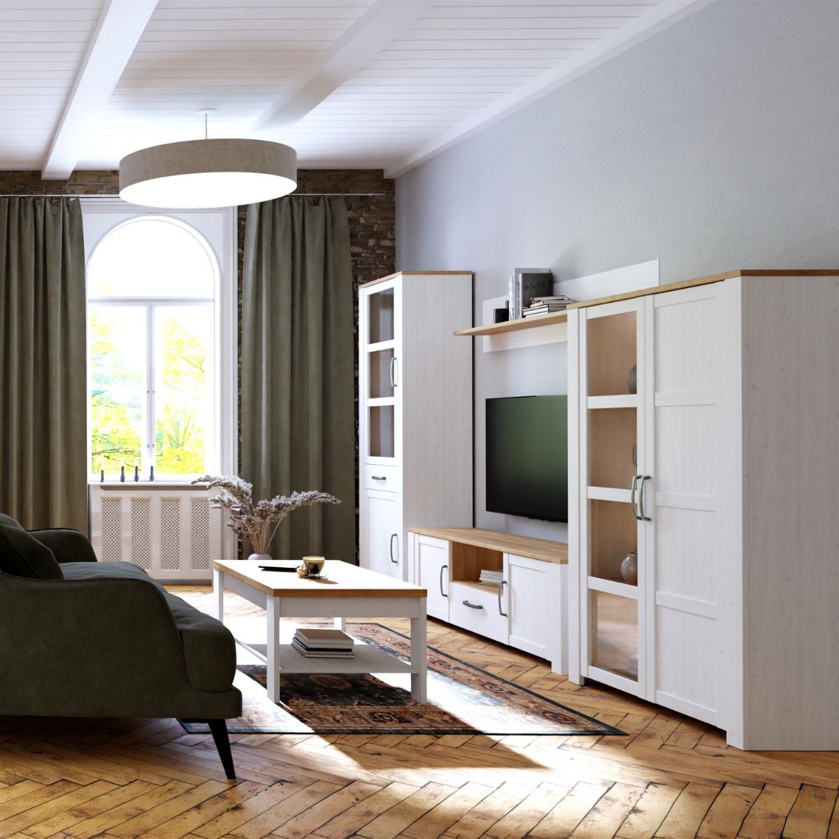 Bohol Narrow Display Cabinet in Riviera Oak/White Optional LED Lighting