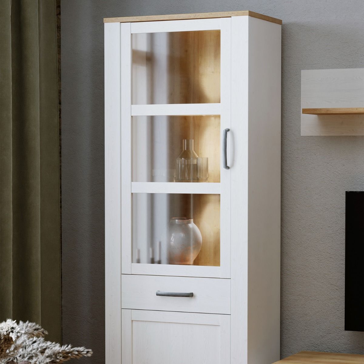 Bohol Narrow Display Cabinet in Riviera Oak/White Optional LED Lighting