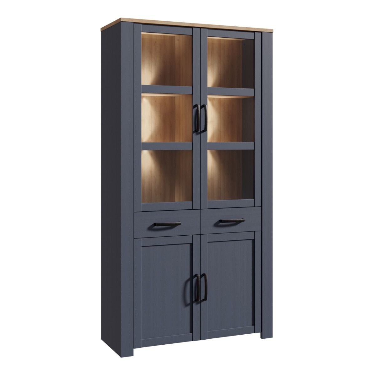 Bohol Display Cabinet 4 Door 2 Drawer in Oak/Navy with Optional LED Lighting