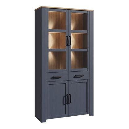 Bohol Display Cabinet 4 Door 2 Drawer in Oak/Navy with Optional LED Lighting