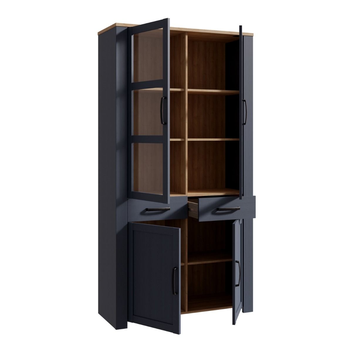Bohol Display Cabinet 4 Door 2 Drawer in Oak/Navy with Optional LED Lighting