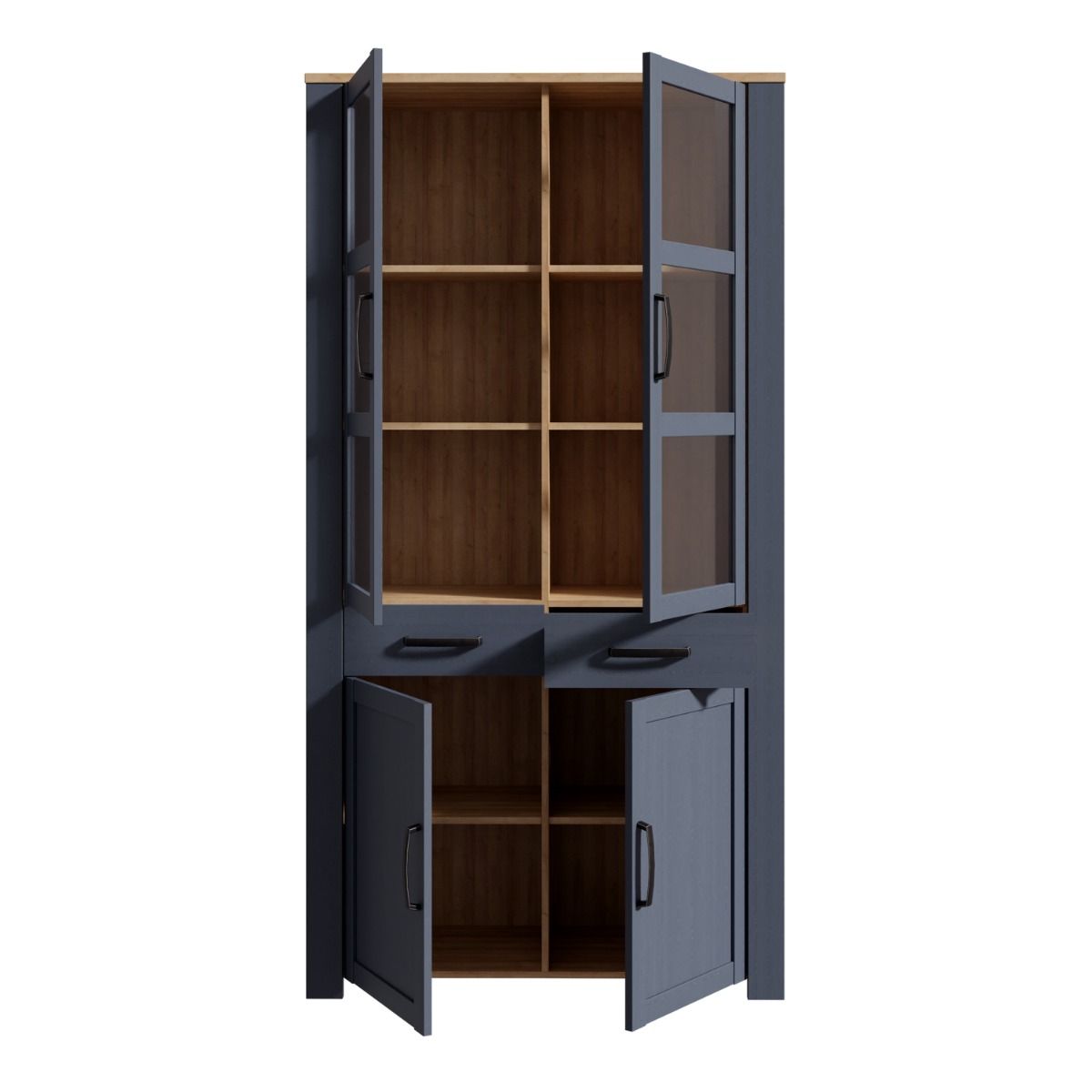 Bohol Display Cabinet 4 Door 2 Drawer in Oak/Navy with Optional LED Lighting
