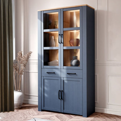 Bohol Display Cabinet 4 Door 2 Drawer in Oak/Navy with Optional LED Lighting