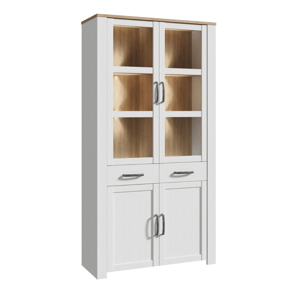 Bohol Display Cabinet 4 Door 2 Drawer in Oak/White with Optional LED Lighting