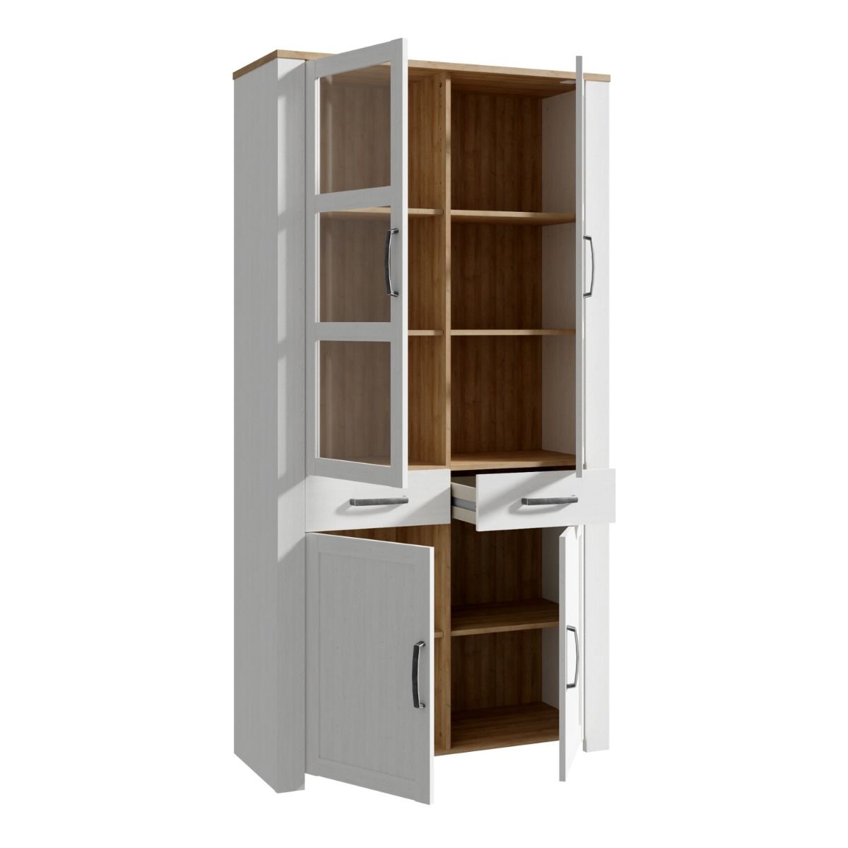 Bohol Display Cabinet 4 Door 2 Drawer in Oak/White with Optional LED Lighting