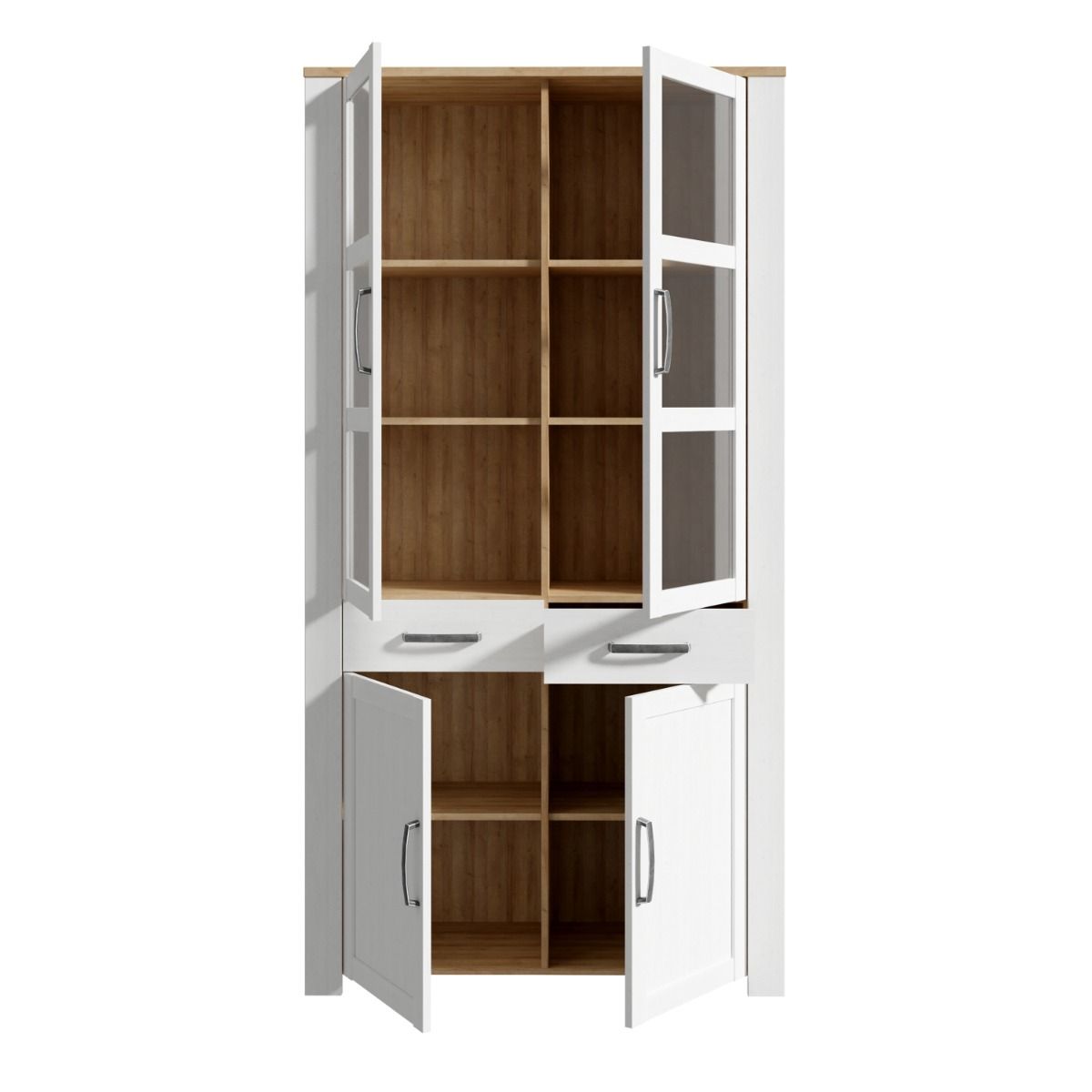 Bohol Display Cabinet 4 Door 2 Drawer in Oak/White with Optional LED Lighting