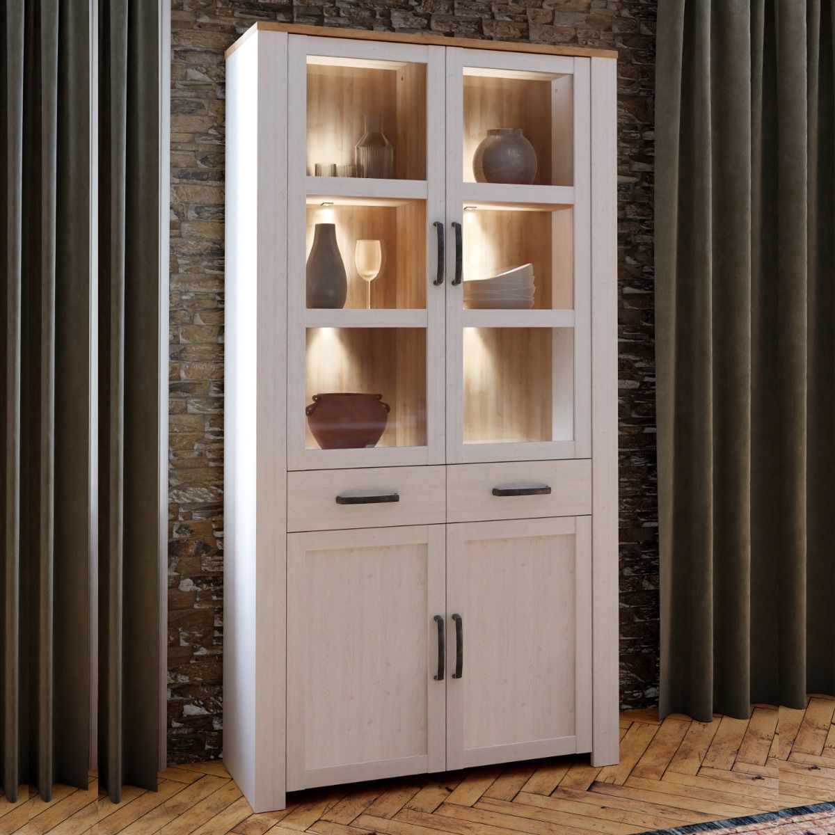 Bohol Display Cabinet 4 Door 2 Drawer in Oak/White with Optional LED Lighting
