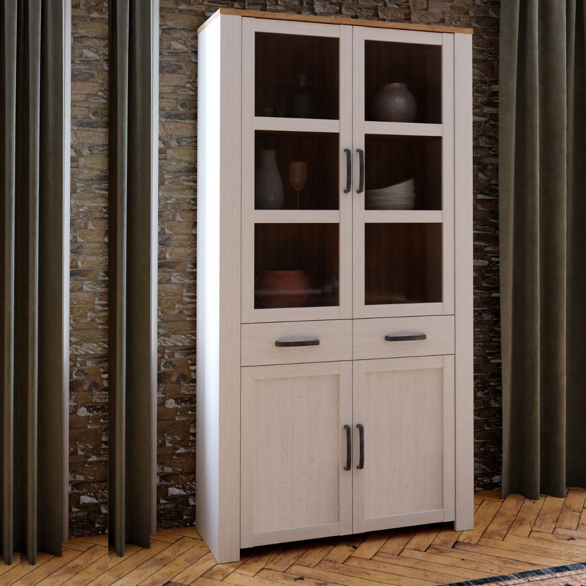 Bohol Display Cabinet 4 Door 2 Drawer in Oak/White with Optional LED Lighting