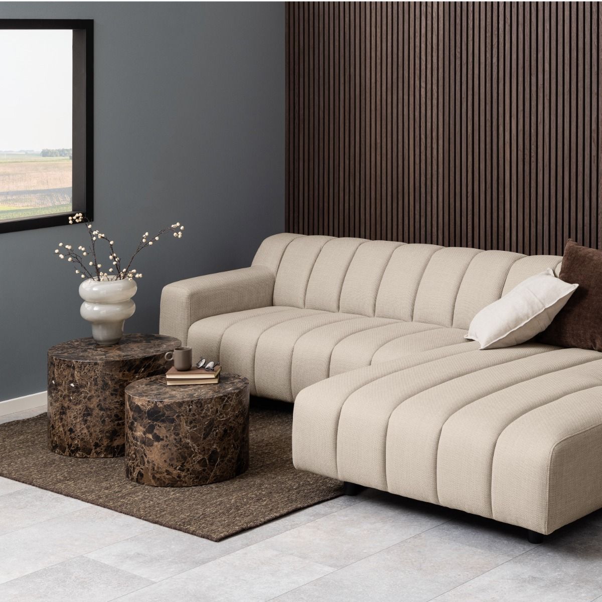 Dice Round Coffee Table Set of 2 in Brown Marble Finish