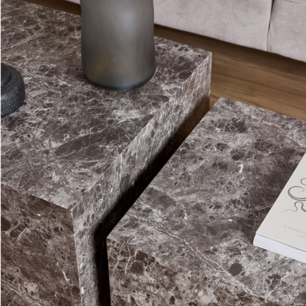 Dice Square Coffee Table Set in Light Brown Emperador Rough Paper