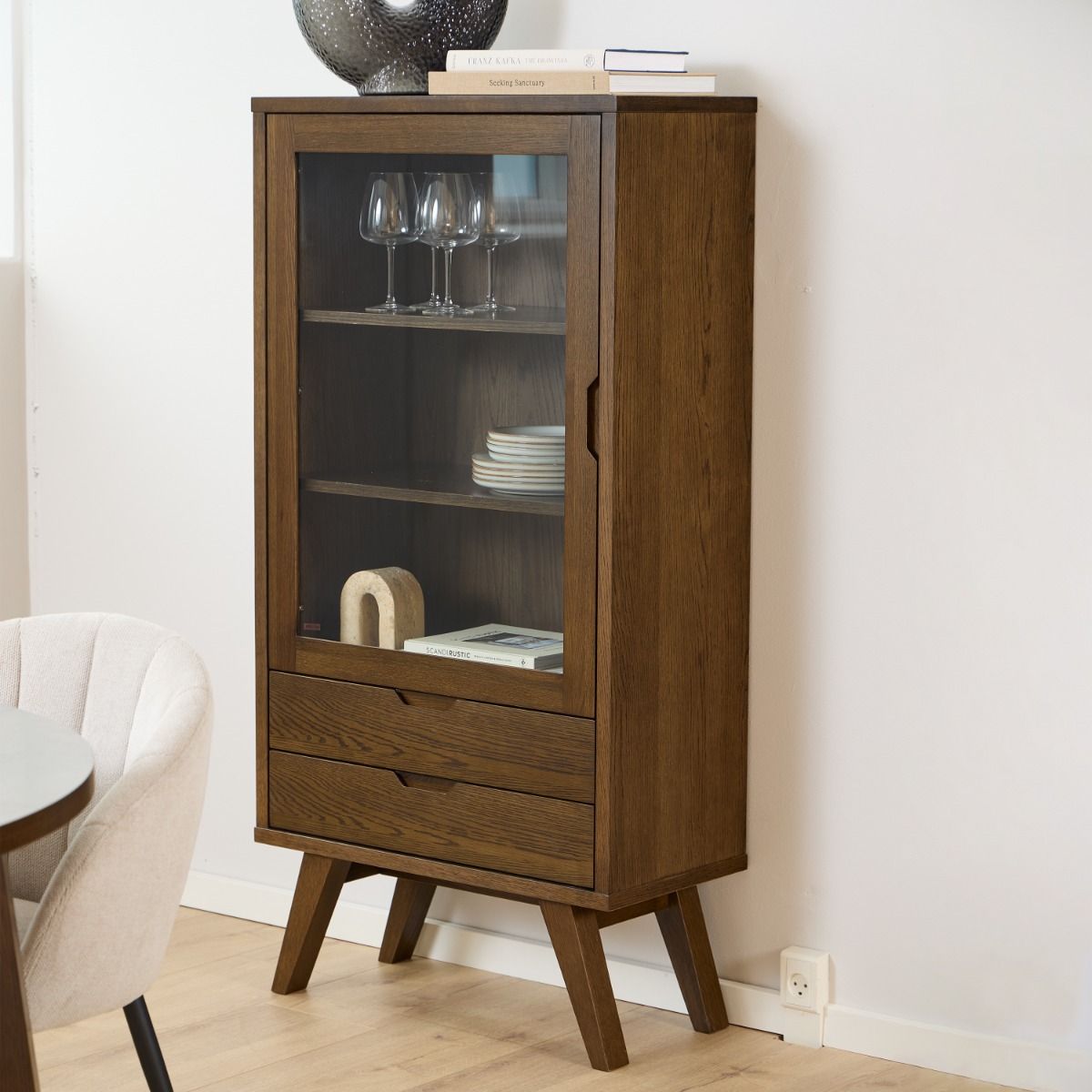 A-Line Display Cabinet with 2 Drawers and 2 Shelves in Smoked Oak