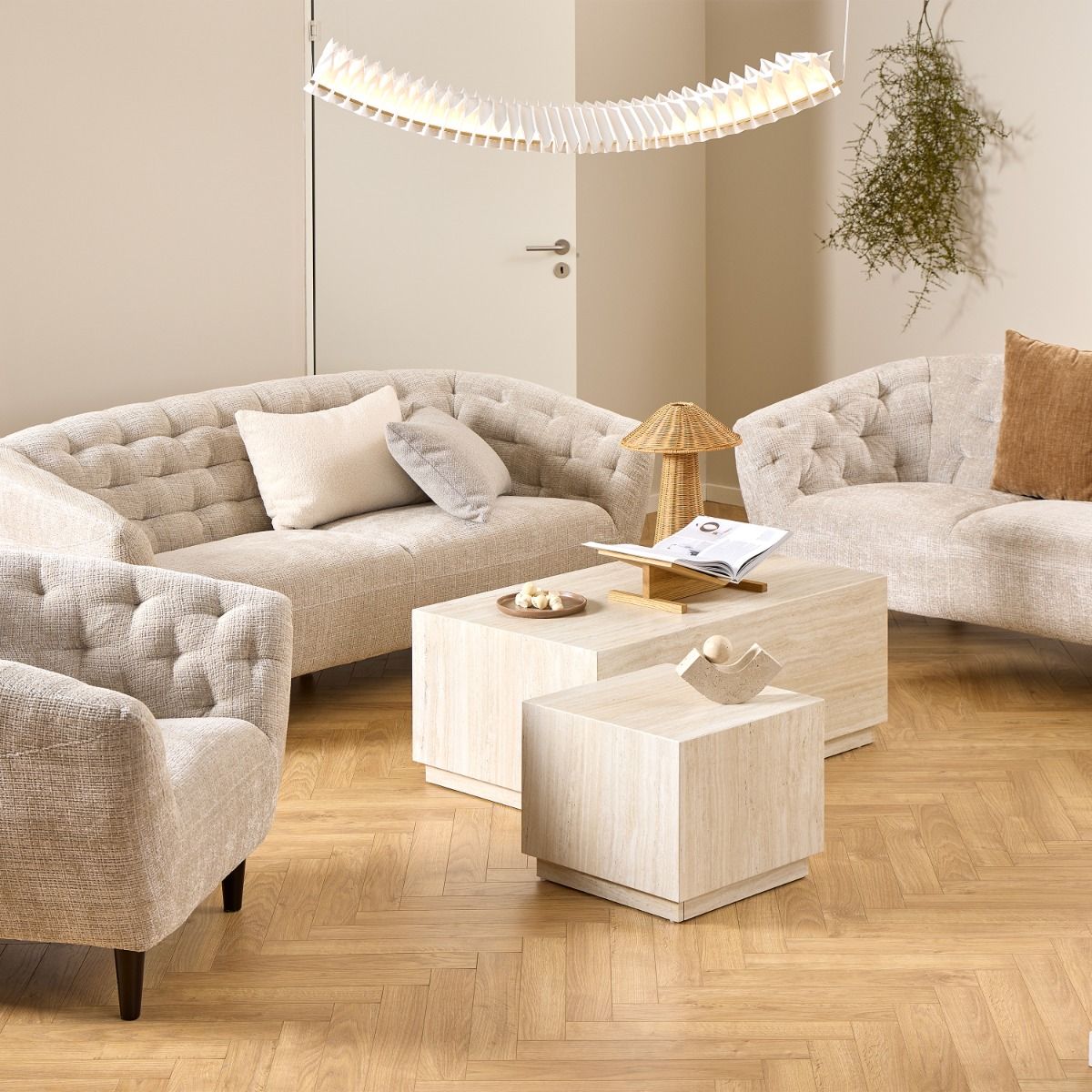 Dice Rectangular Coffee Table Set Travertine Finish Set of 2