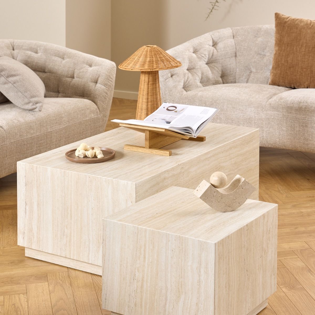 Dice Rectangular Coffee Table Set Travertine Finish Set of 2
