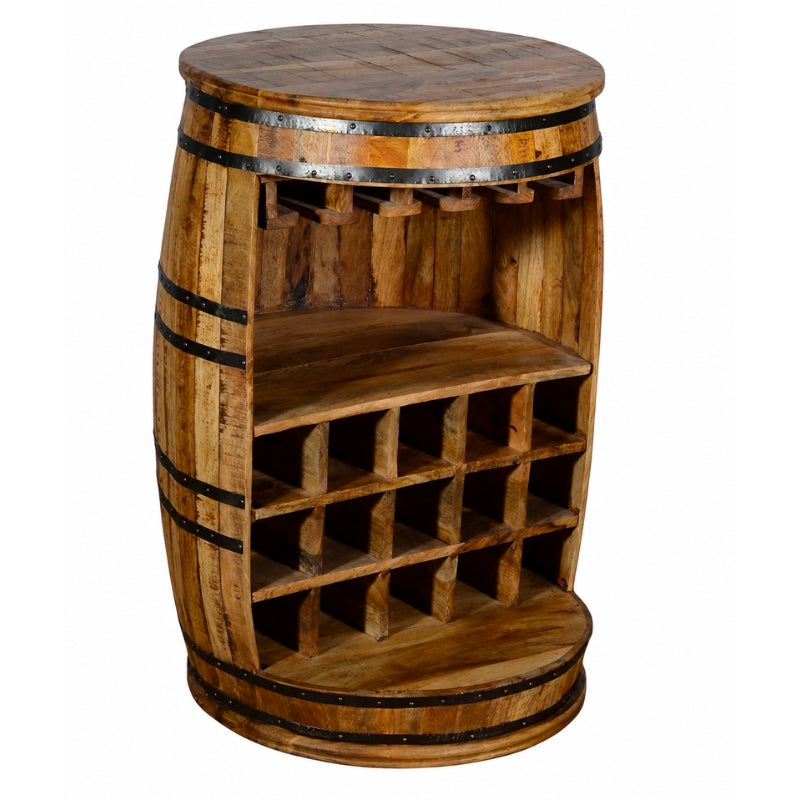 Barrel wine rack and bar cabinet 90cm front view showing bottle compartments, glass hanger and circular top on white background