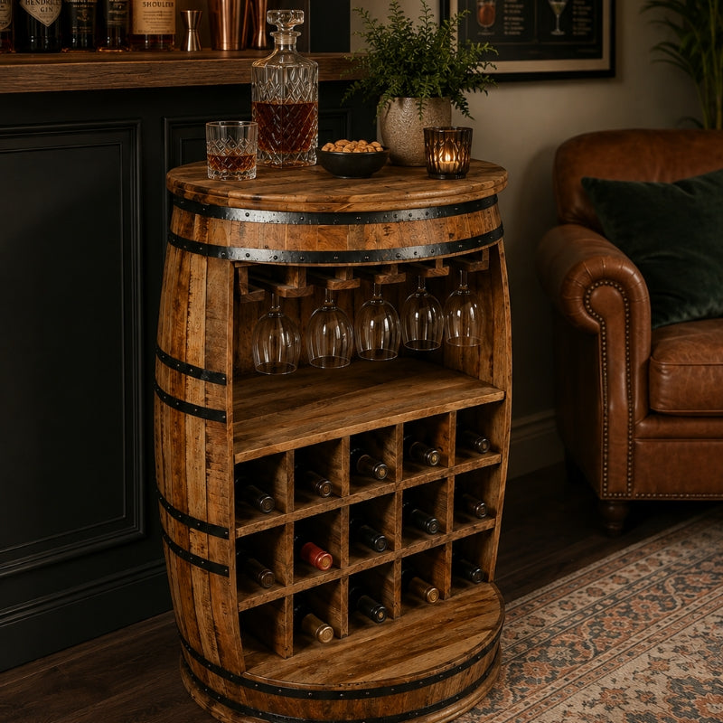 Barrel wine rack styled in a moody home bar with whisky decanter, crystal glasses and wine bottles stored in compartments