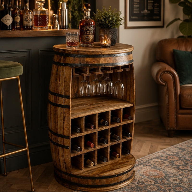 Barrel wine rack in home bar setting with cognac bottle on top, crystal glasses and wine bottles in rack beside leather armchair