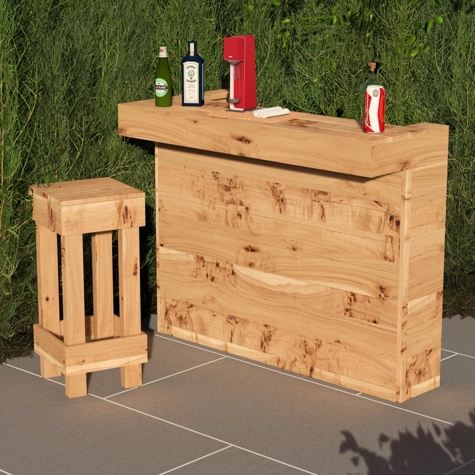 Wooden bar with stools and drinks on a tiled floor with greenery in the background