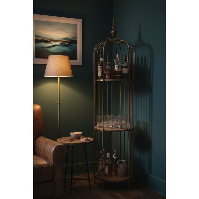 Antique Gold Bird Cage Style Storage Unit with Reclaimed Wood Shelves