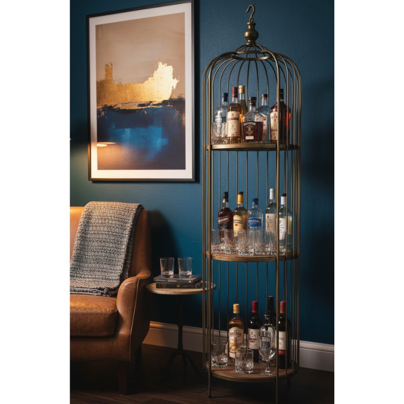 Antique Gold Bird Cage Style Storage Unit with Reclaimed Wood Shelves