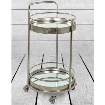 Antique Silver/Champagne Leaf Metal Small Round Bar Trolley with Mirror Shelves