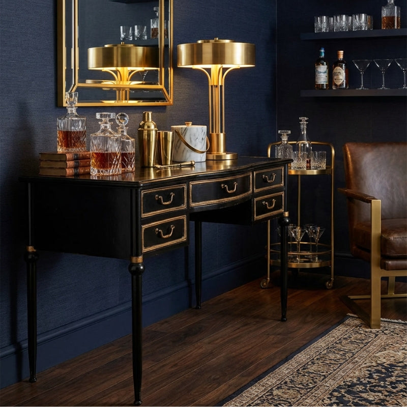 Antiqued Black Desk/Console with Metal Drawers