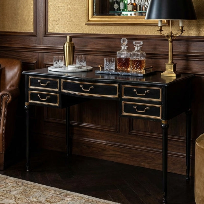 Antiqued Black Desk/Console with Metal Drawers